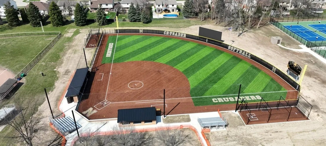 Aerial view of the completed Crusader softball field at L'Anse Creuse High School North