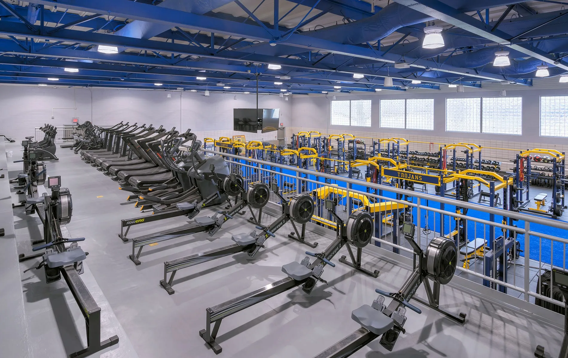 New fitness room with rowing machines and weight mezzanine
